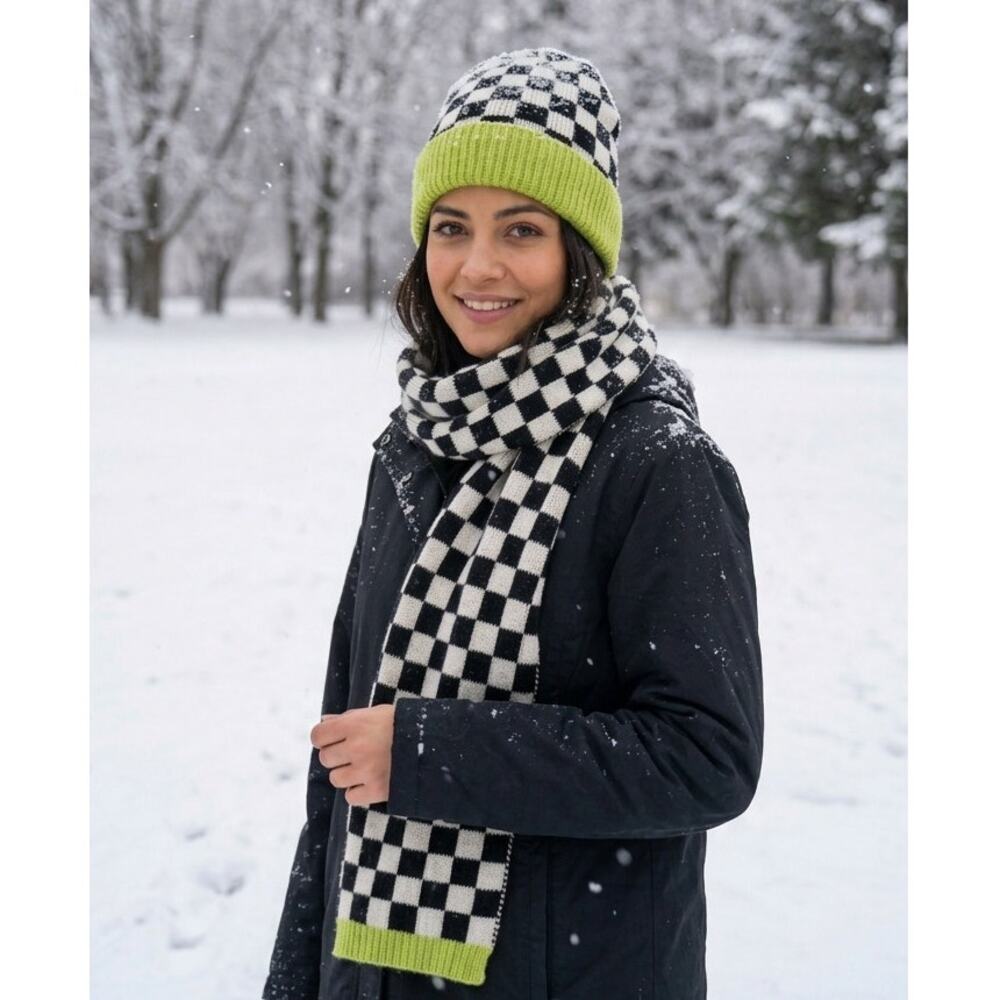 Nordstrom Brass Plum Checker Beanie Scarf Set Black White Lime NWT Gift OS